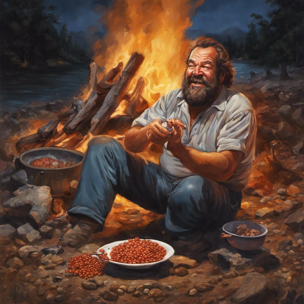 Bud Spencer Campfire Beans: Hyperrealistic Night Portrait