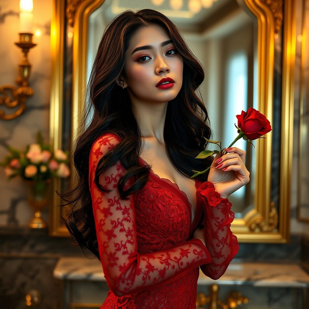 Elegant Asian Woman Poses with Luxurious Rose in Golden Deco...