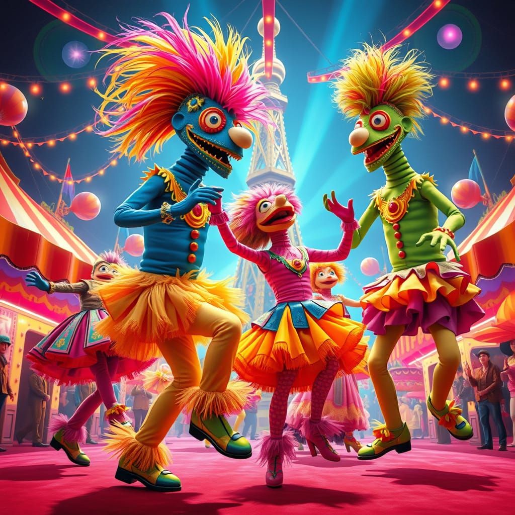 Giant Puppets Perform Choreographed Dance in Carnival Settin...