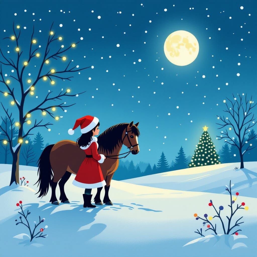 Christmas Silhouette of Girl and Horse with Fairy Lights