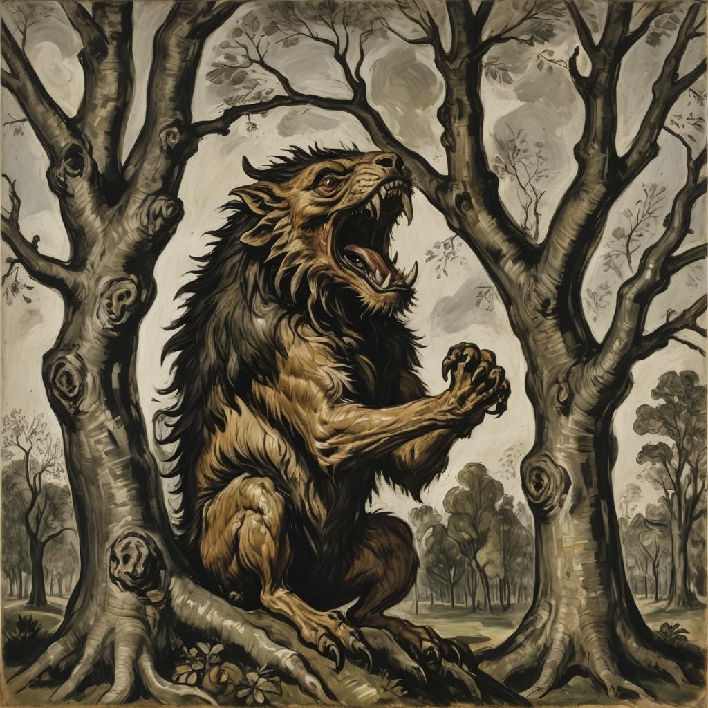 Surreal Beast Howling in a Tree, Classical Painting