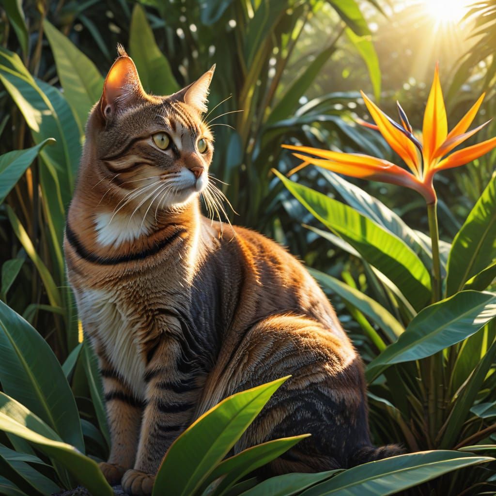 Tabby Cat and Strelitzia Plant in Golden Sunlight