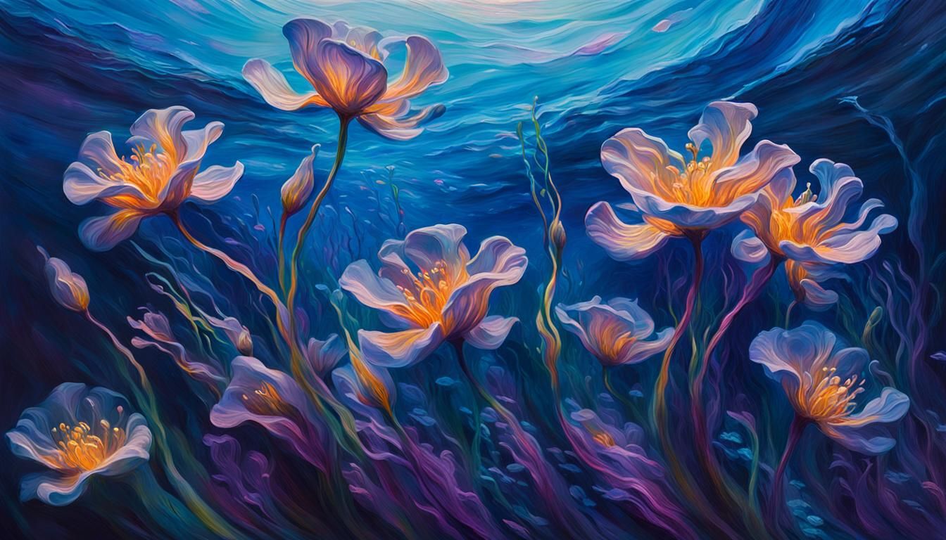 Bioluminescent Seabed Flowers: Impressionist Oil Painting