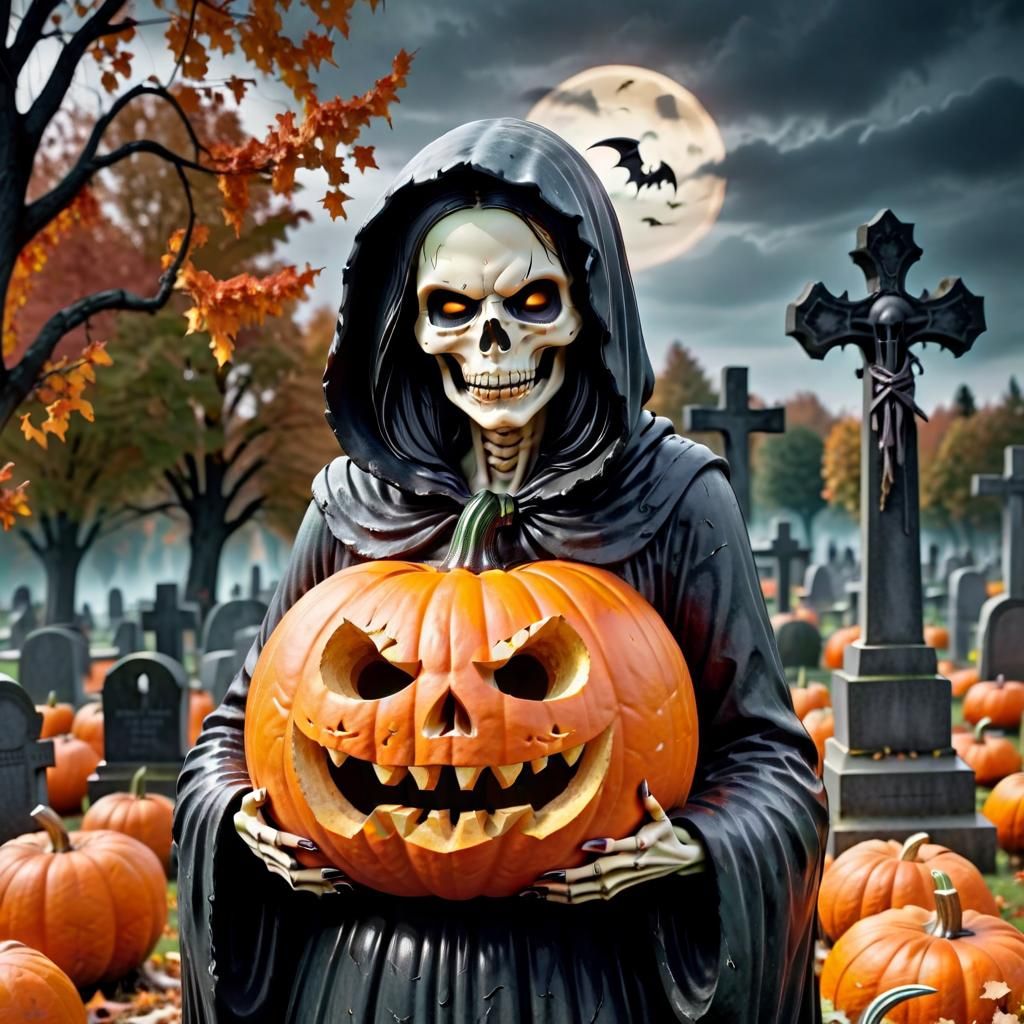 Grim Reaper Pumpkin Figure in Autumn Cemetery