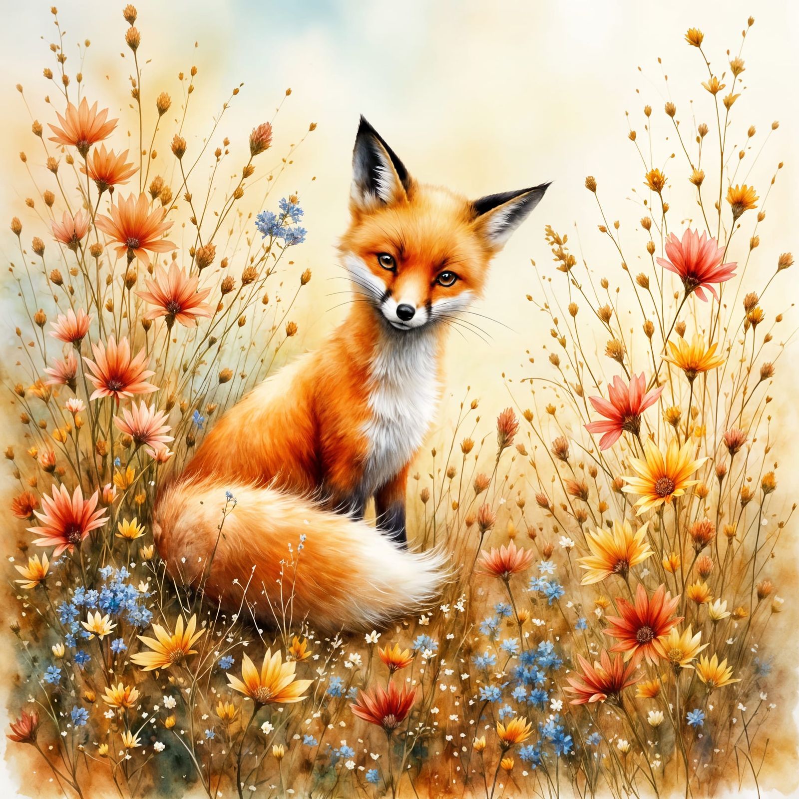 Young Fox Hiding in Fall Wildflowers