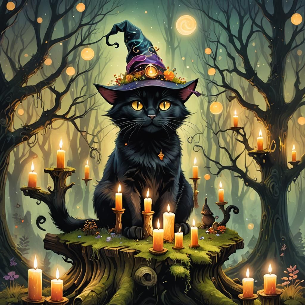 Black Cat in Witch Hat, Ethereal Art Nouveau