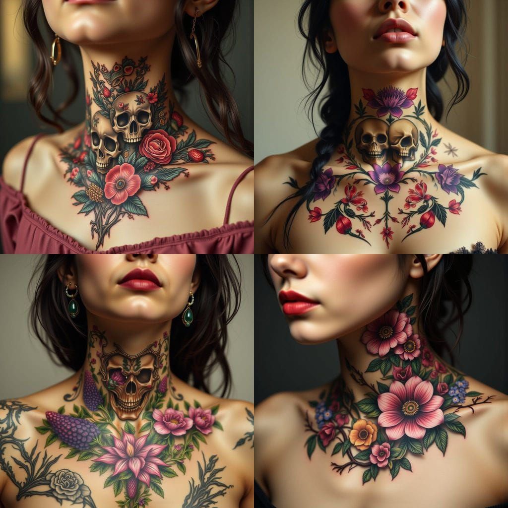 Gothic Floral Throat Tattoo With Skull Accents