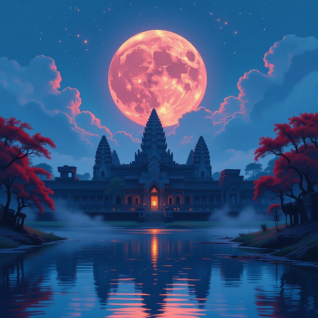 Majestic Ancient Temple Under Crimson Moon