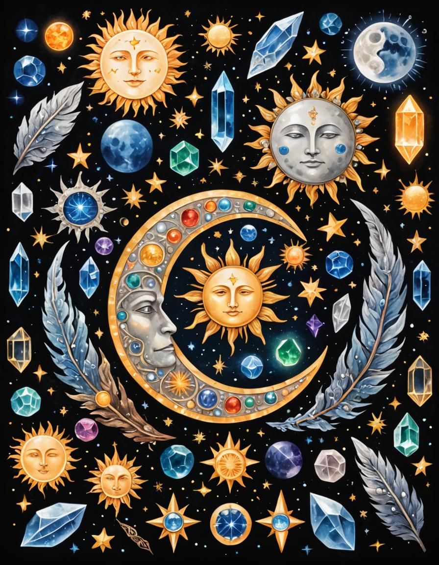 Celestial Alignment: Moon, Sun, Stars, Crystals, Runes