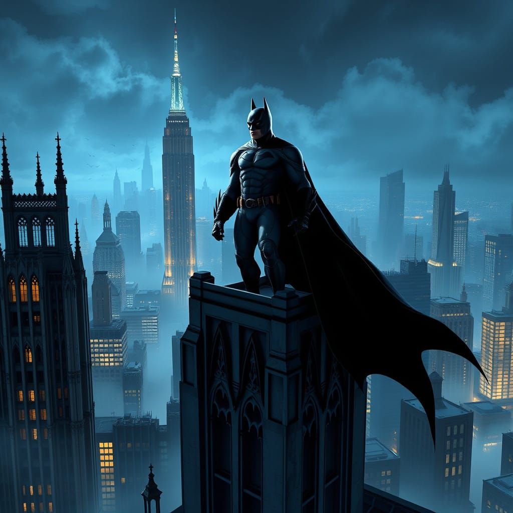 Dark Knight Gotham Cityscape in Epic Fantasy Style