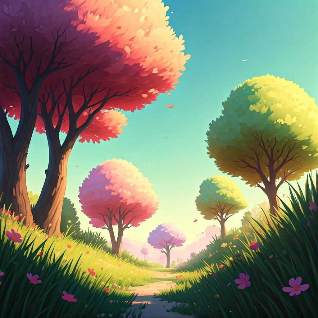 Idyllic Spring Scene in Pixar-Inspired 3D Style