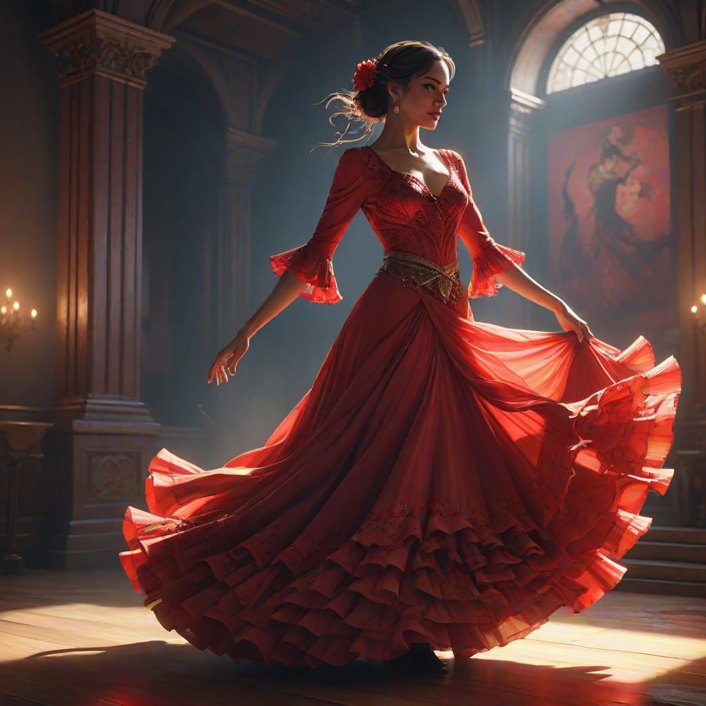 Flamenco Dancer in Red Gown: Hyperdetailed Portrait