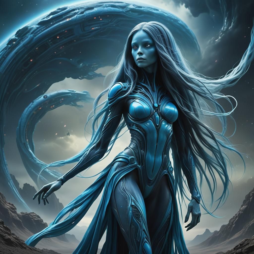 Azure-Skinned Alien Woman: Dramatic Digital Painting