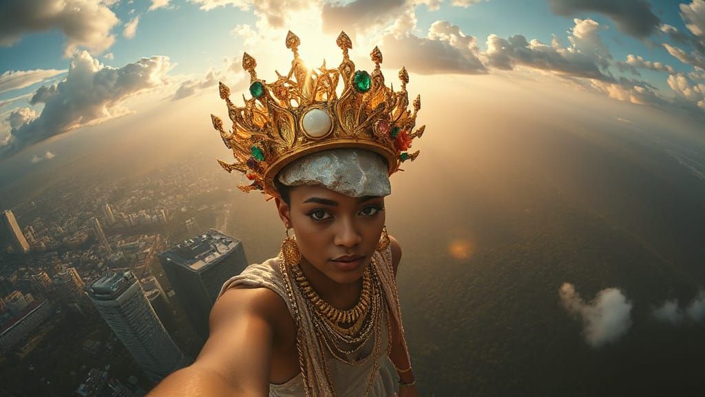 Skyscraper Edge Selfie with Crown in Sci-Fi Concept Art Styl...