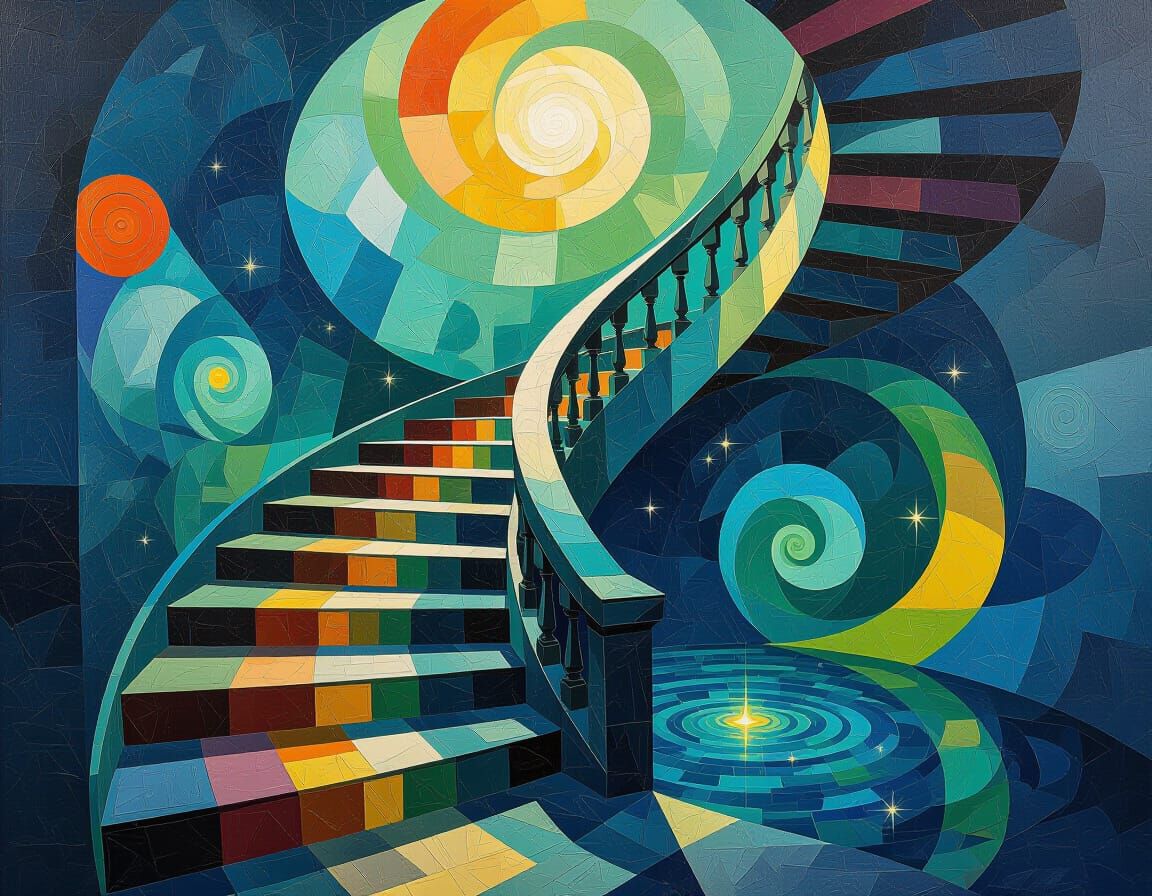 Surreal Impasto Painting of Twisting Stairs to Infinity