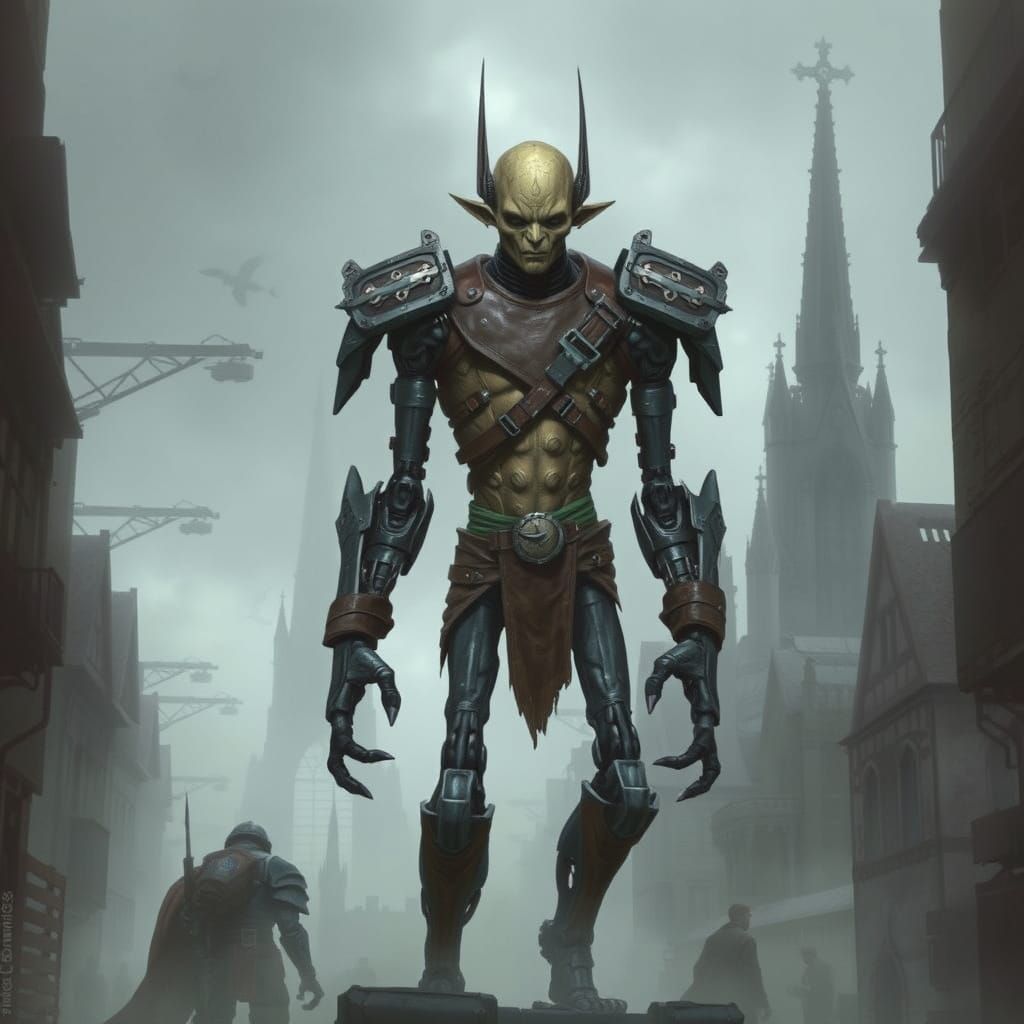 Warforged in Industrial Eberron Cityscape Art