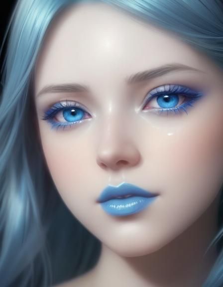 Ethereal beauty with long sapphire blue hair and blue eyes with shimmery blue eyeshadow with blue eyeliner and blue lips...