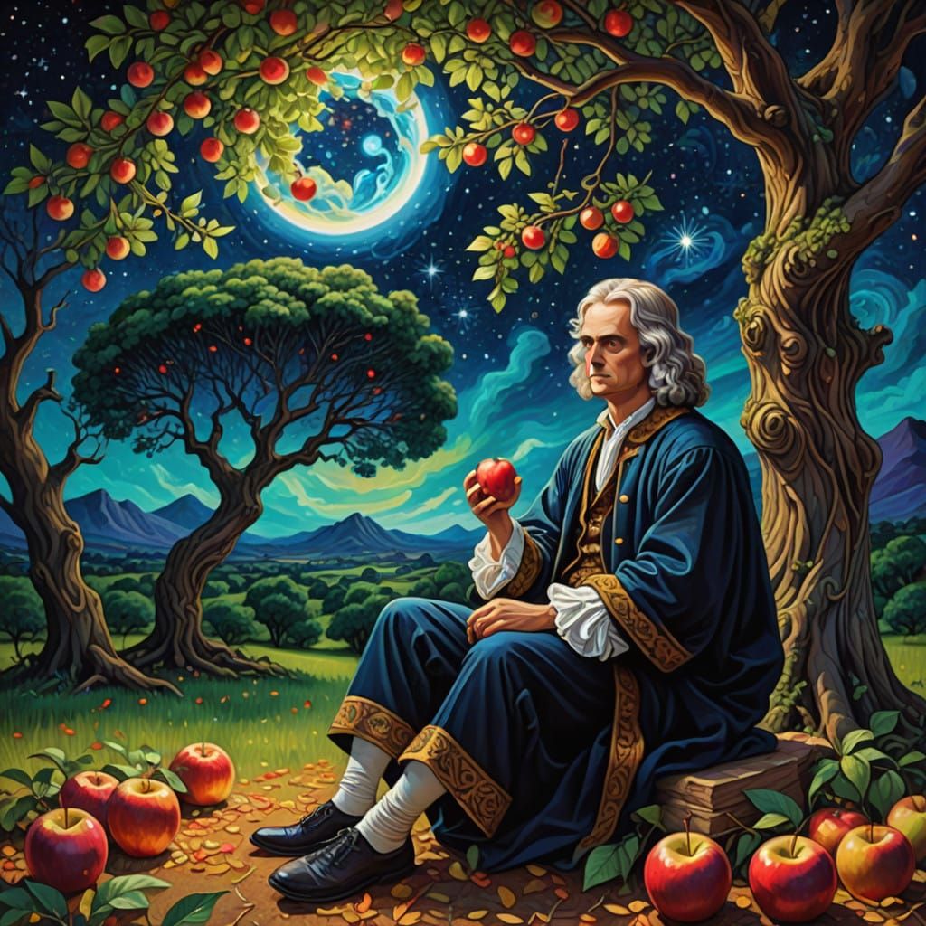 Isaac Newton Under Cosmic Apple Tree