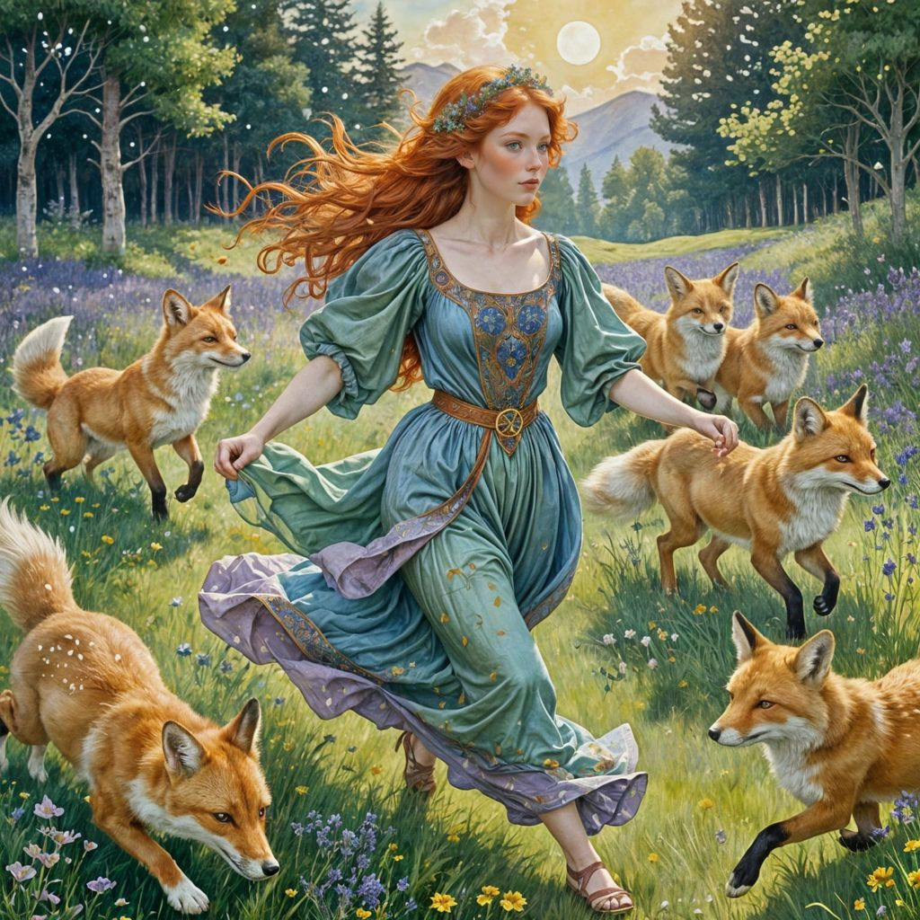 Ethereal Watercolor Princess in a Sunlit Meadow with Foxes