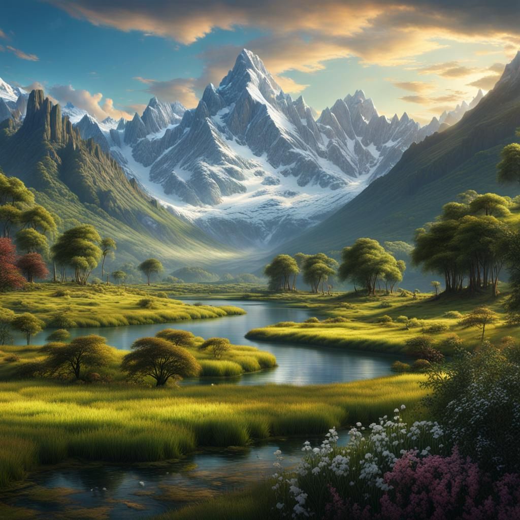 Epic Fantasy Landscape with Snow Mountains