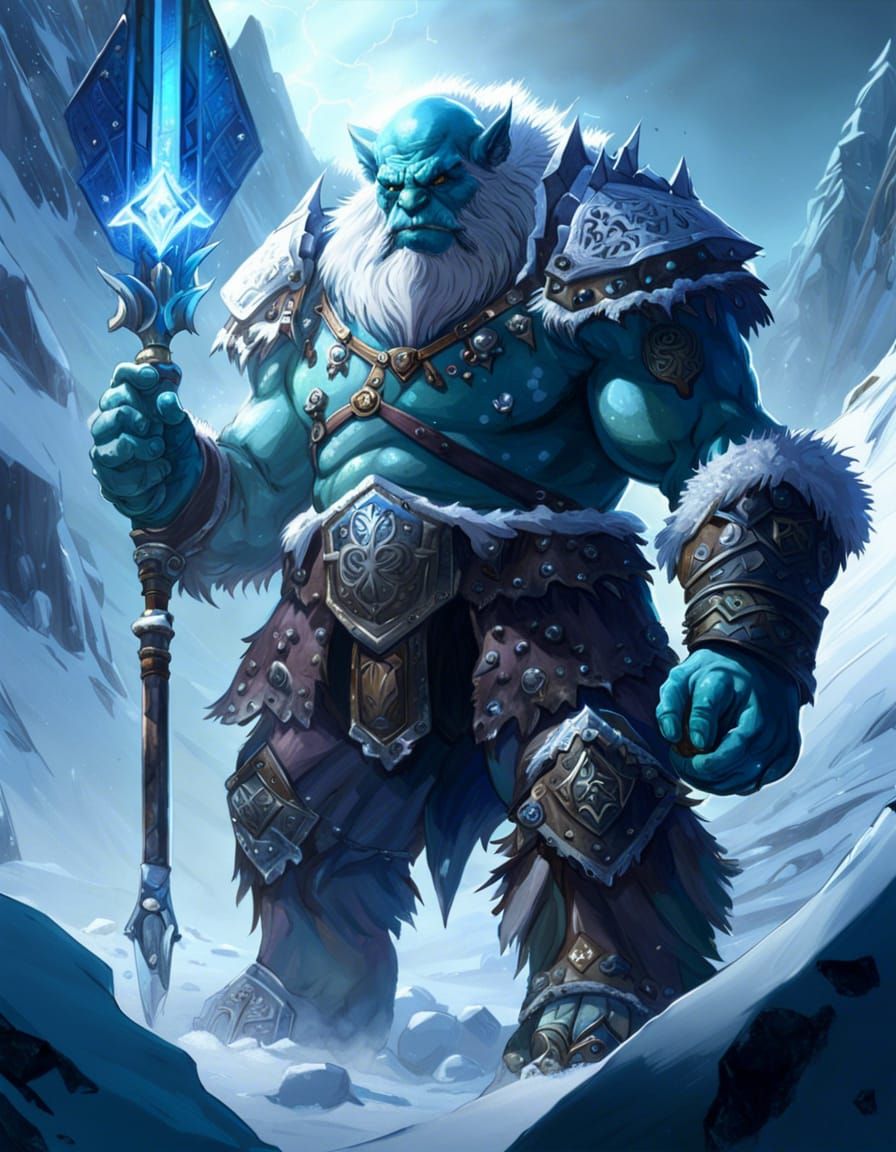 Ogre Raises Diamond in Frozen Landscape, Dark Fantasy Art