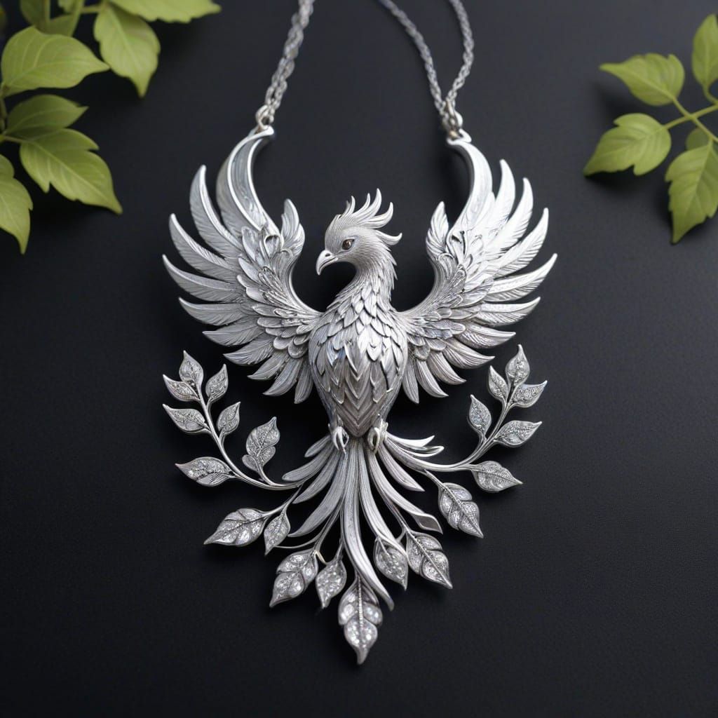 Hyperrealistic Silver Phoenix with Shimmering Leaves