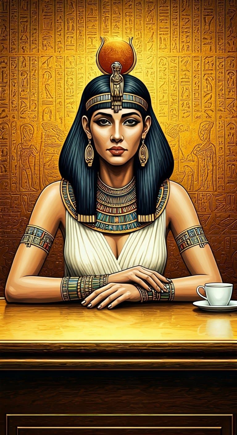 Egyptian Lady in Gold Cafe, Scratchboard Style