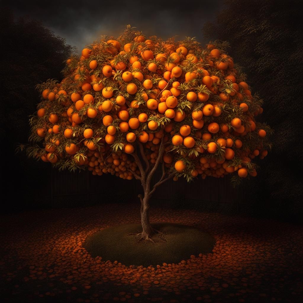 Hyperrealistic Orange Tree with Dramatic Lighting