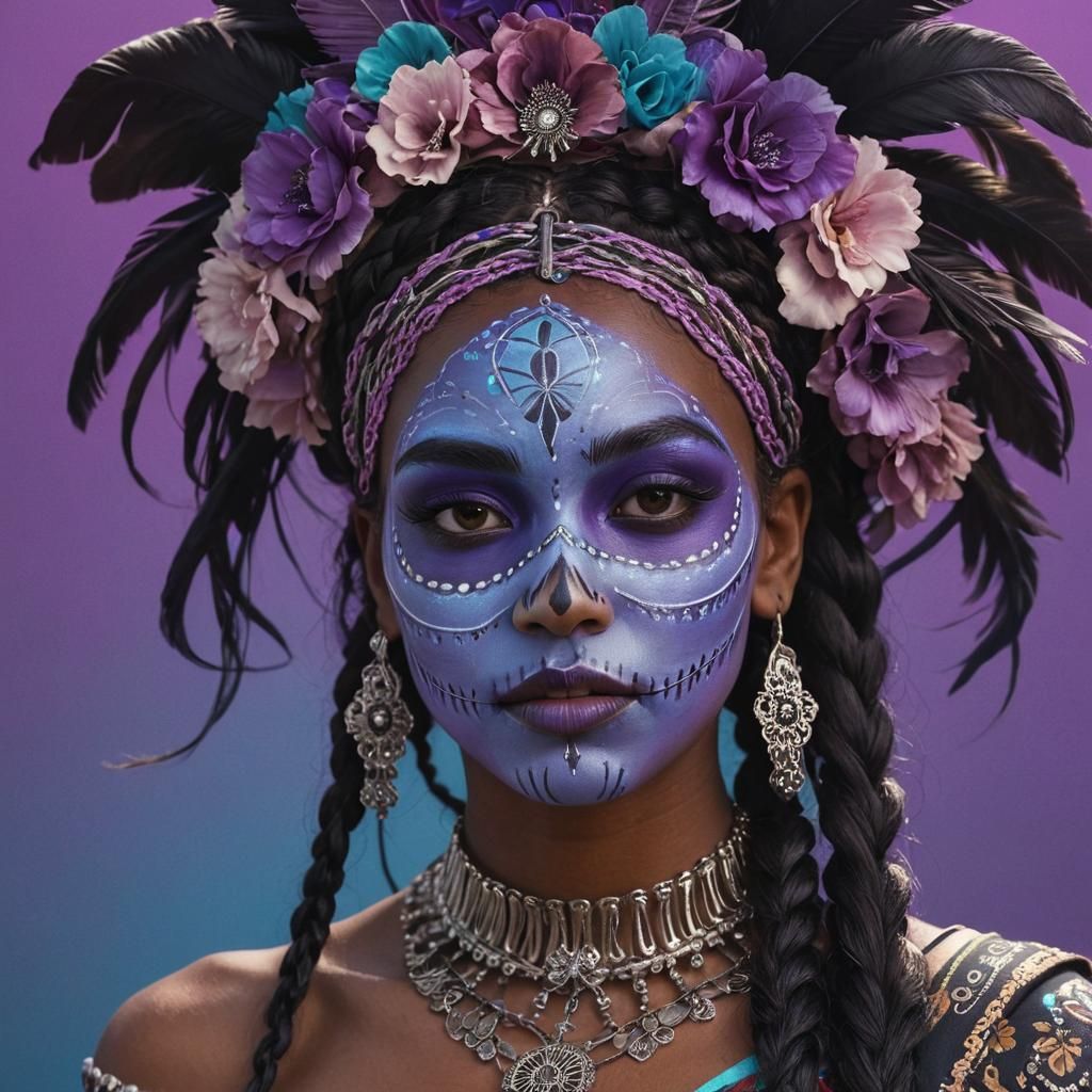 African Beauty with Catrina Headdress in Baroque Style