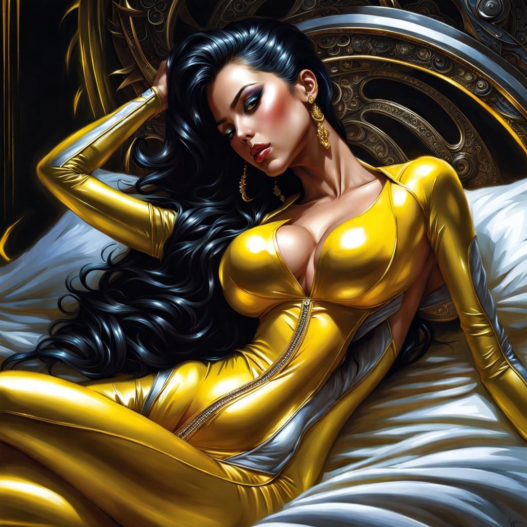 Beautiful Iranian Woman in Yellow Latex Lingerie