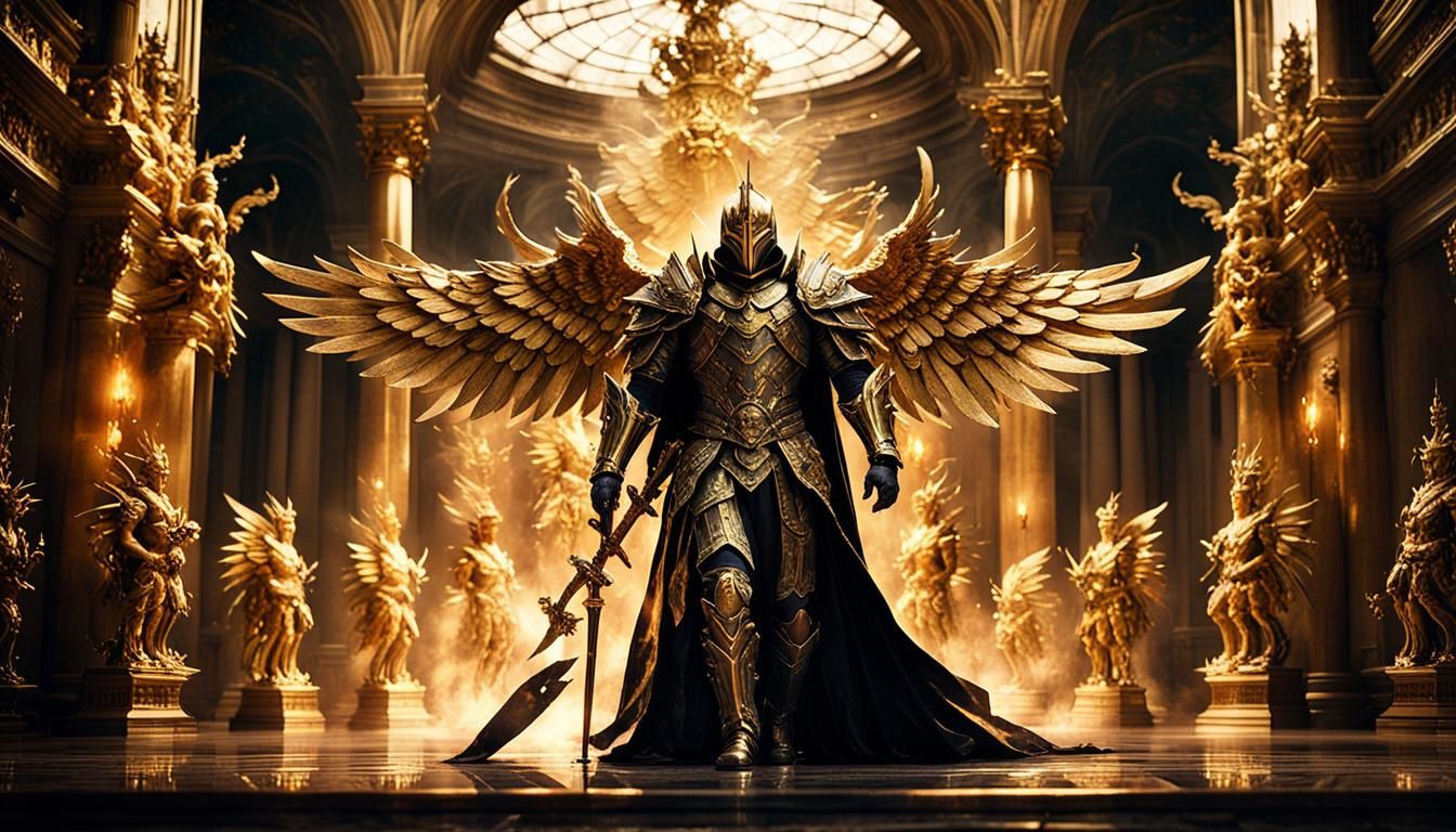 God-King Knight in Baroque Hallway: Cinematic Film Still