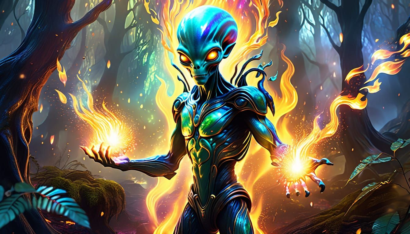 Enchanted Alien Forest with Magical Flames