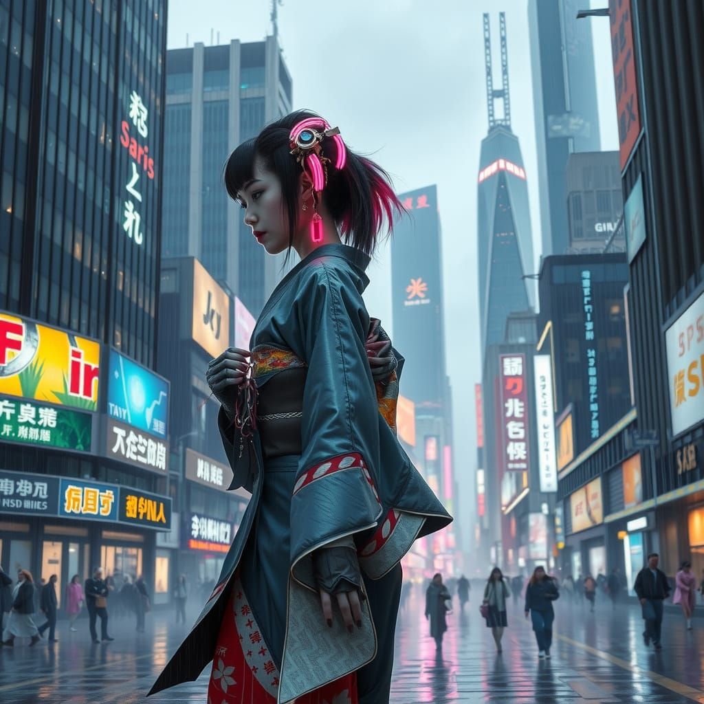 Cyberpunk Geisha Strides Through Futuristic Cityscape