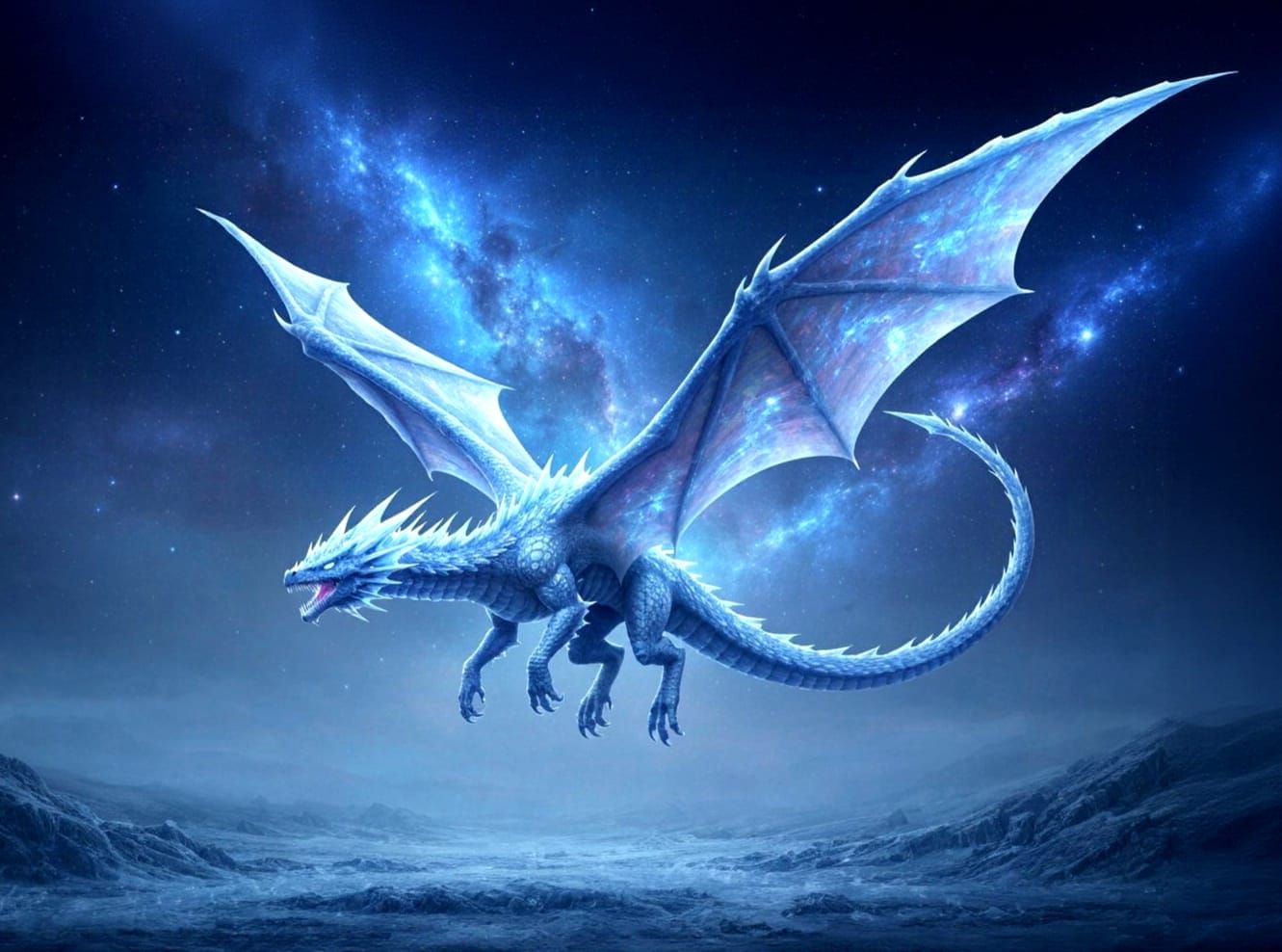 Majestic Ice Dragon Soaring Through Nebula Sky