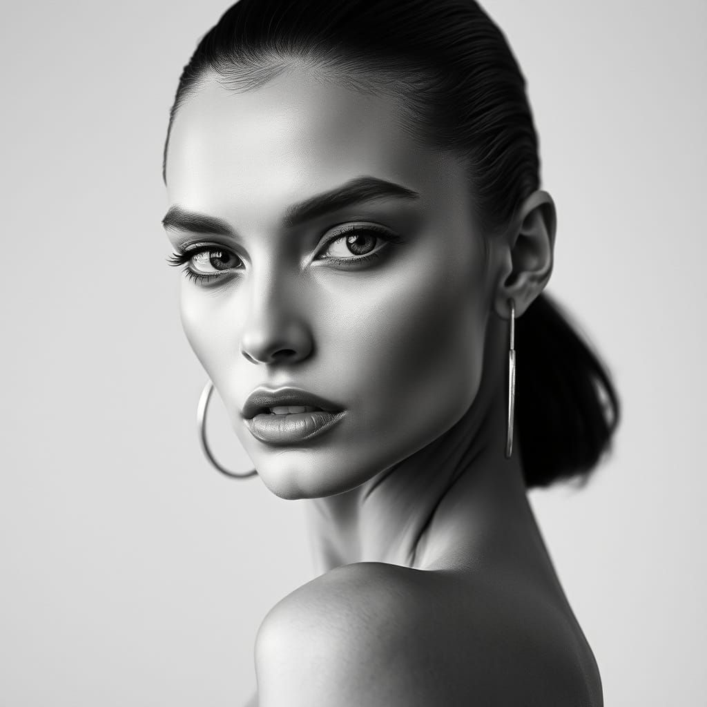 Modern Black and White Supermodel Portrait in Stylized Photo...
