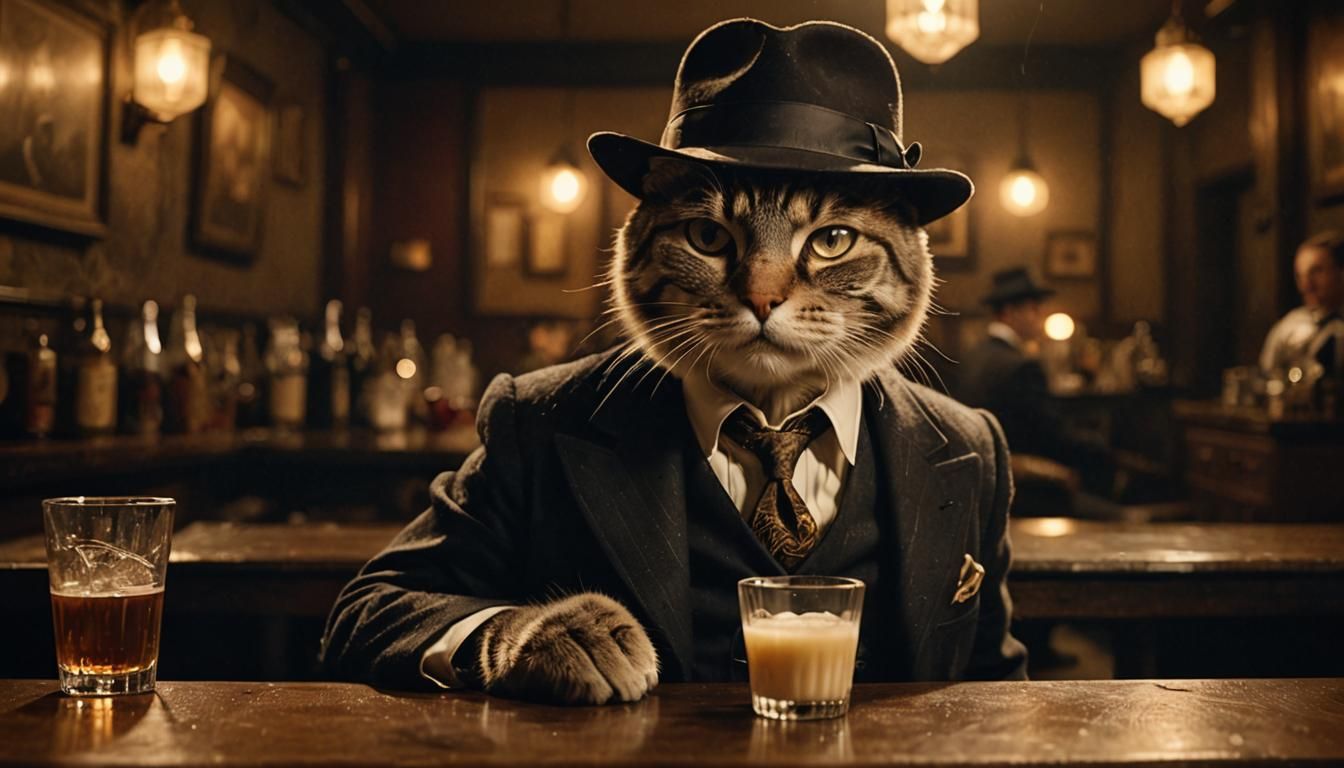 Cat Gangster Drinks Milk in Speakeasy, Film Noir