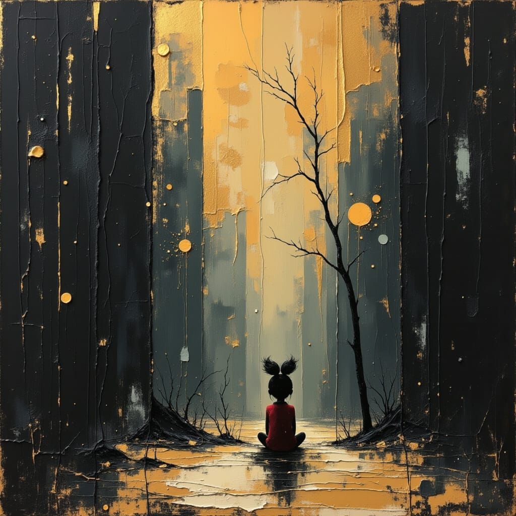 Sad Little Person Sitting Alone in Dark Cartoon Style