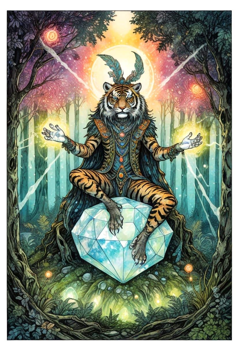 Tiger Spirit Casting Spells in Psychedelic Forest
