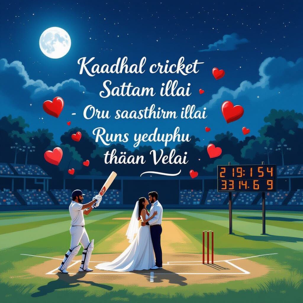 Surreal Moonlight Cricket: Love Symbols Play Under the Stars