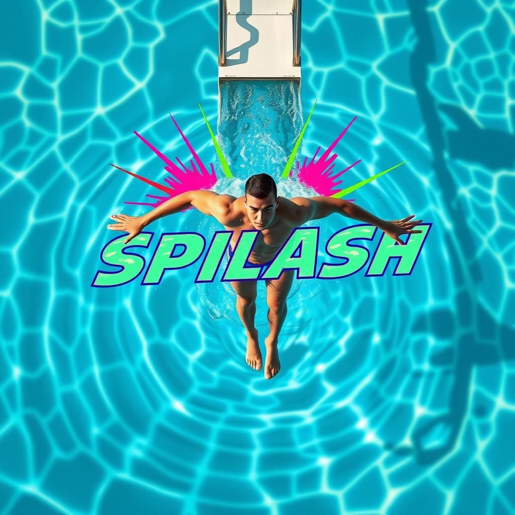 Onomatopoeia "splash" in a pop art image of a man in a pool with water rising around him, after diving off a diving boar...
