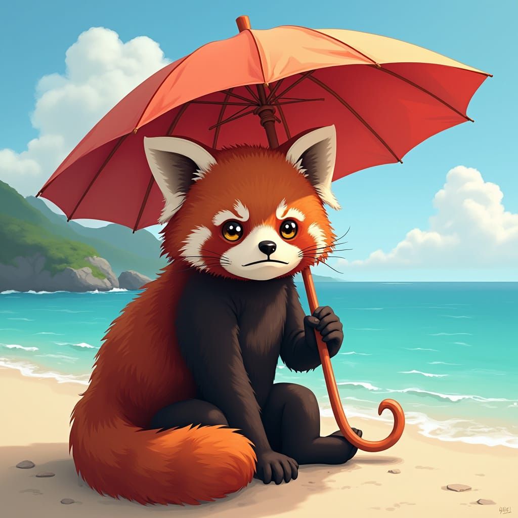 A visibly sunburned red-faced anthropomorphic embarrassed Red Panda under an umbrella at a beach overlooking the South C...