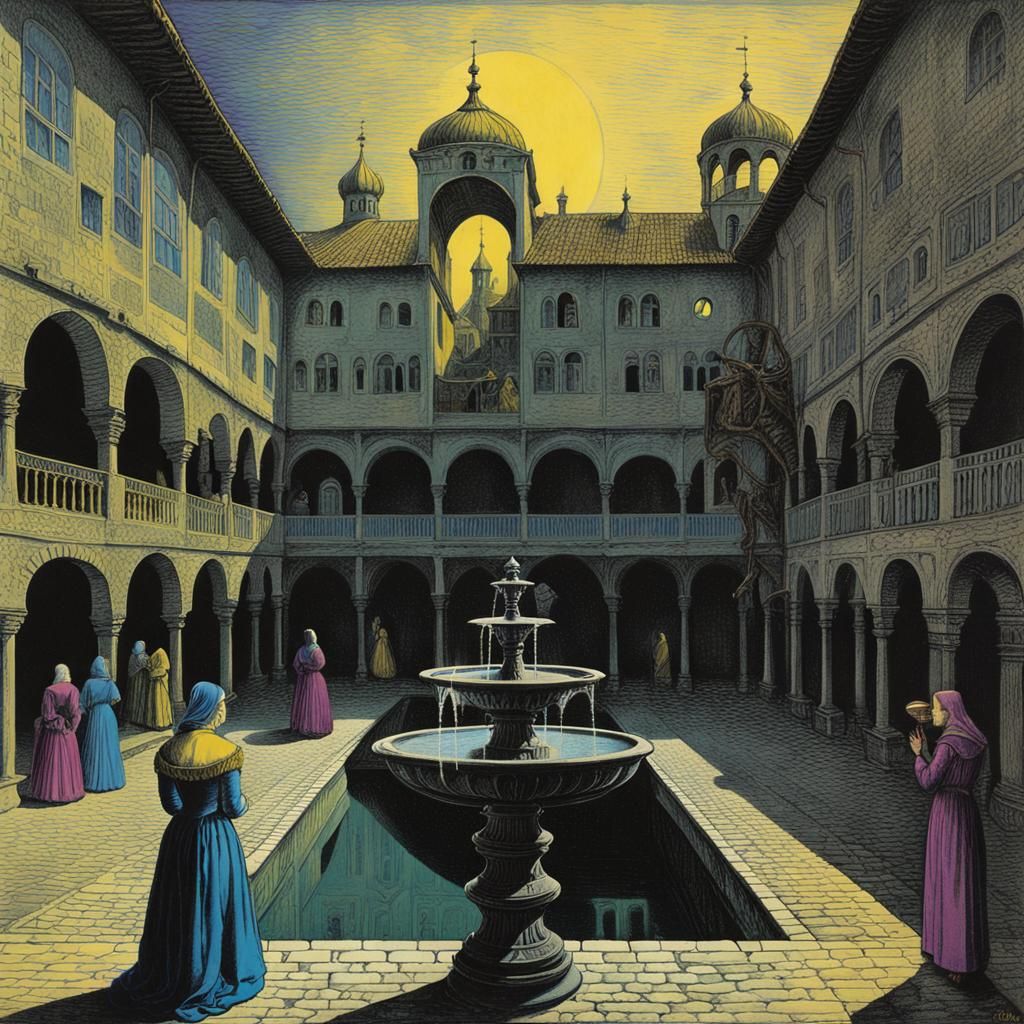 Renaissance Courtyard with Mirrored Sky, Surreal Lithograph