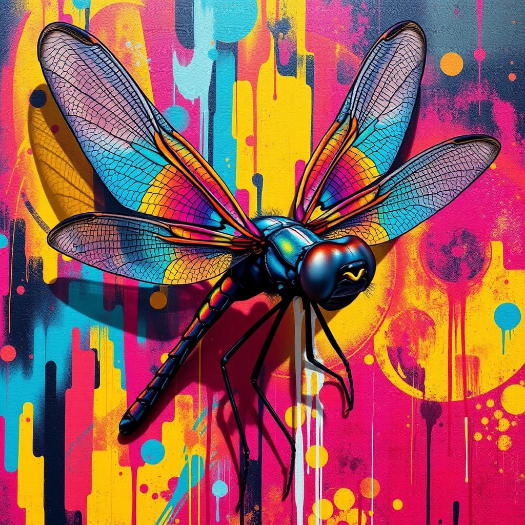 Vibrant Dragonfly Graffiti Art in Hyper-Realistic Style