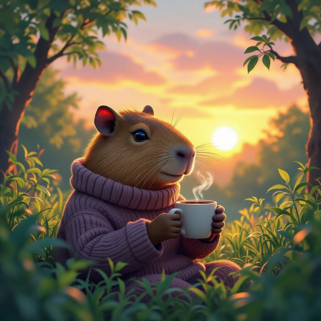 Capybara Coffee Break at Sunrise: 3D Anime Style