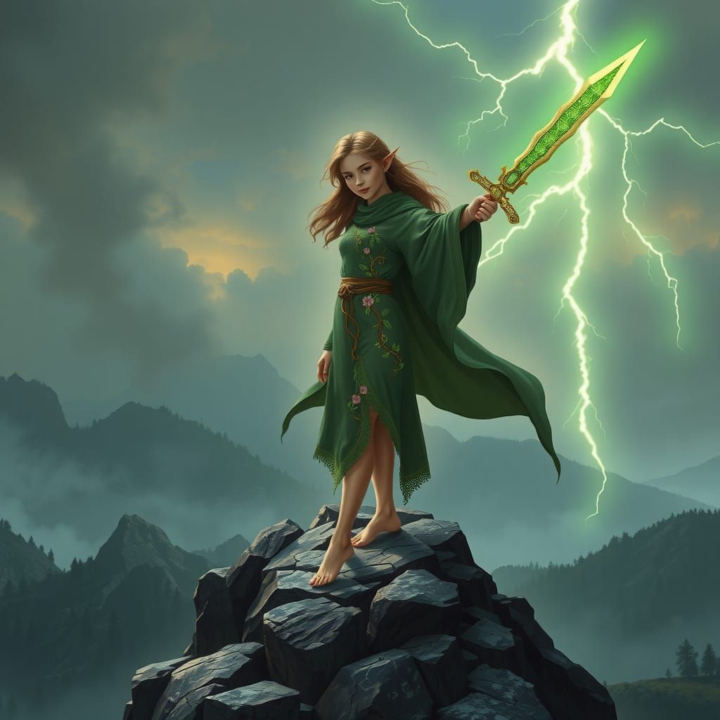 Elf Maiden Empowered by Green Lightning and Nature's Fury