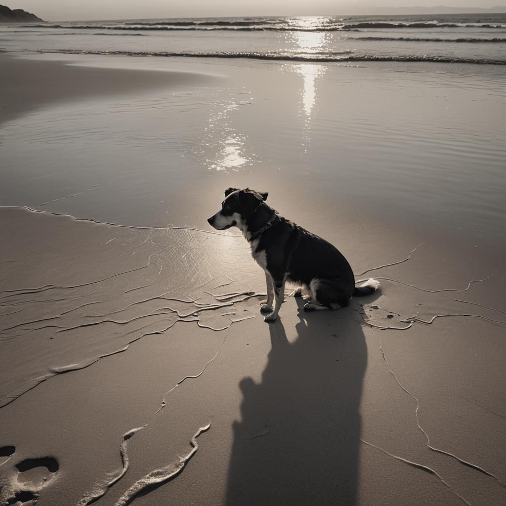 Monochrome Dog Watching Sunset: Matte Painting