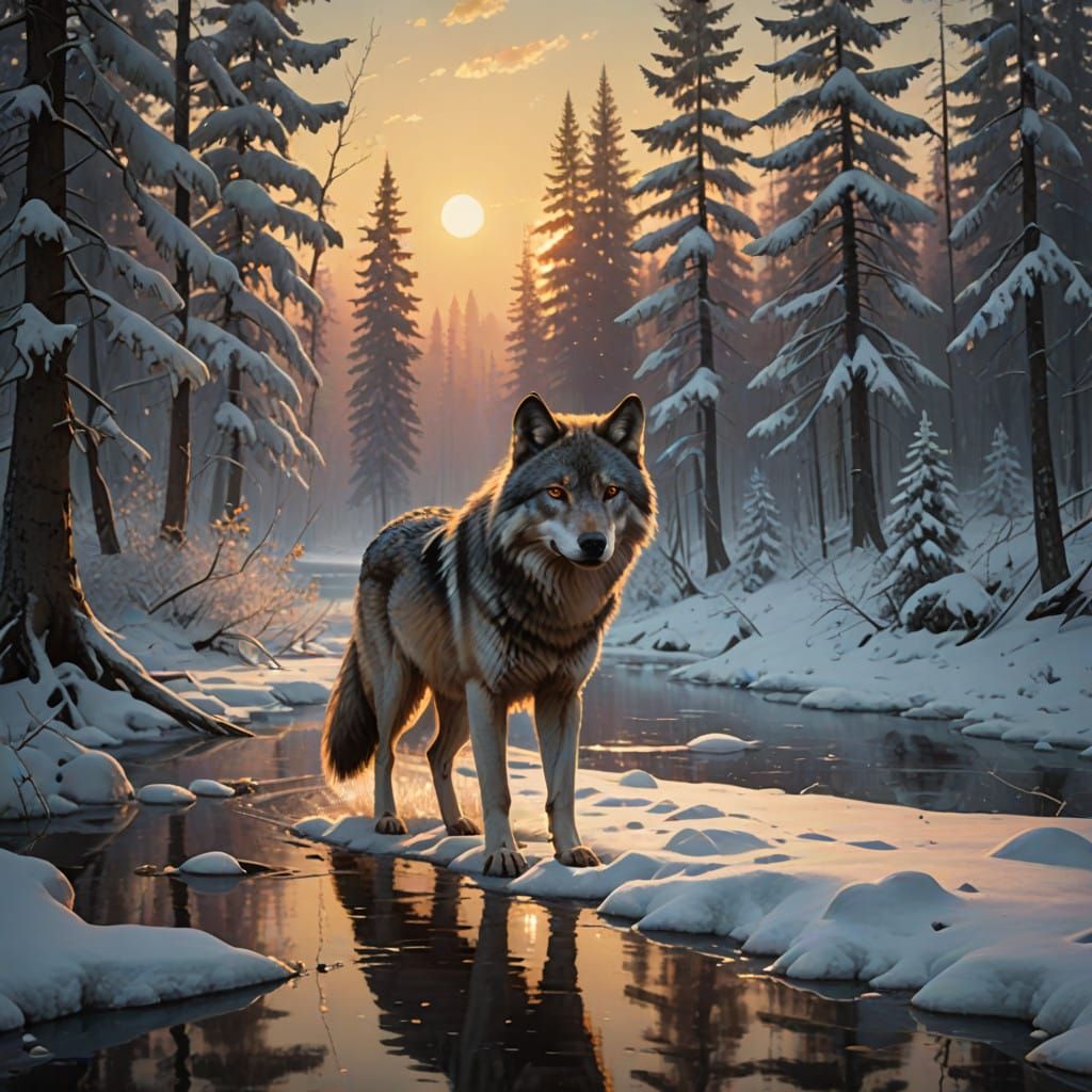 Majestic Wolf Runs Through Serene Winter Landscape in Photor...