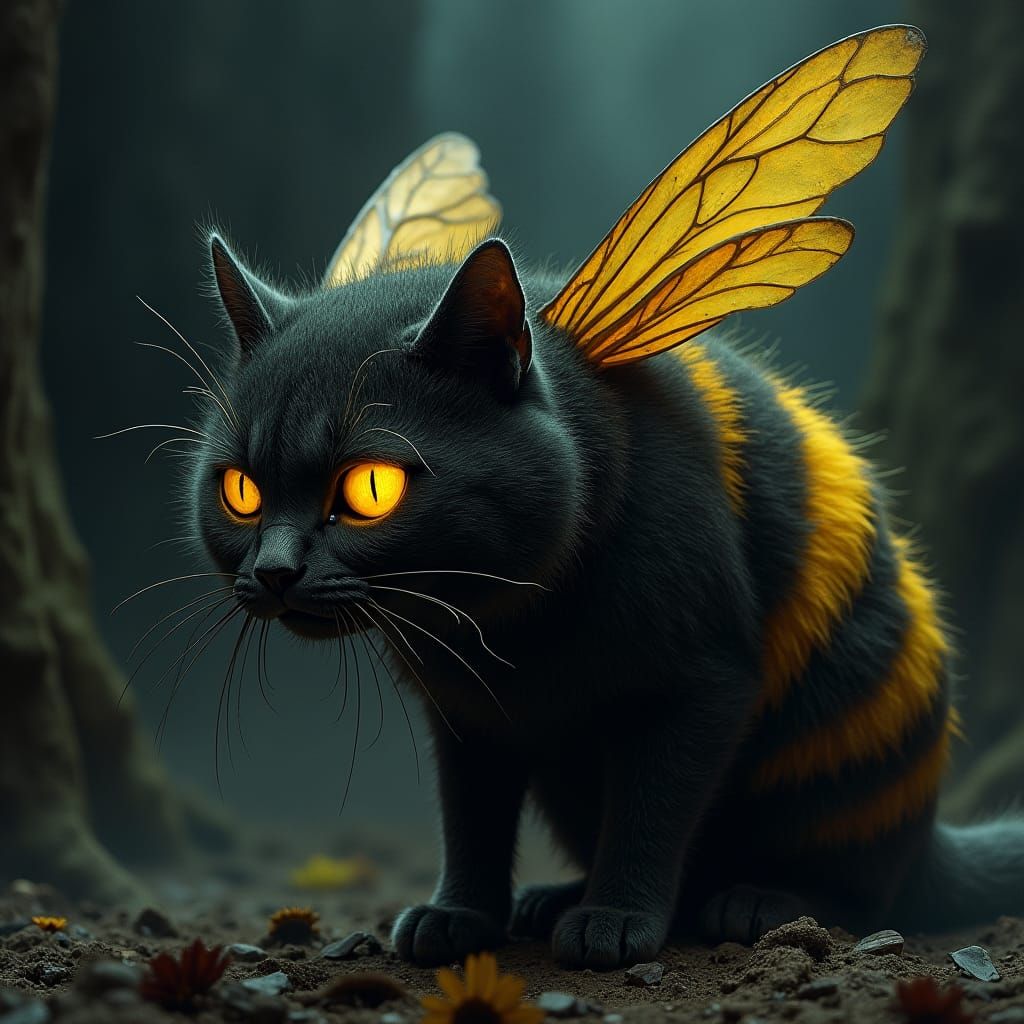 Surreal Cat-Bee Hybrid in Macabre Illustration Style