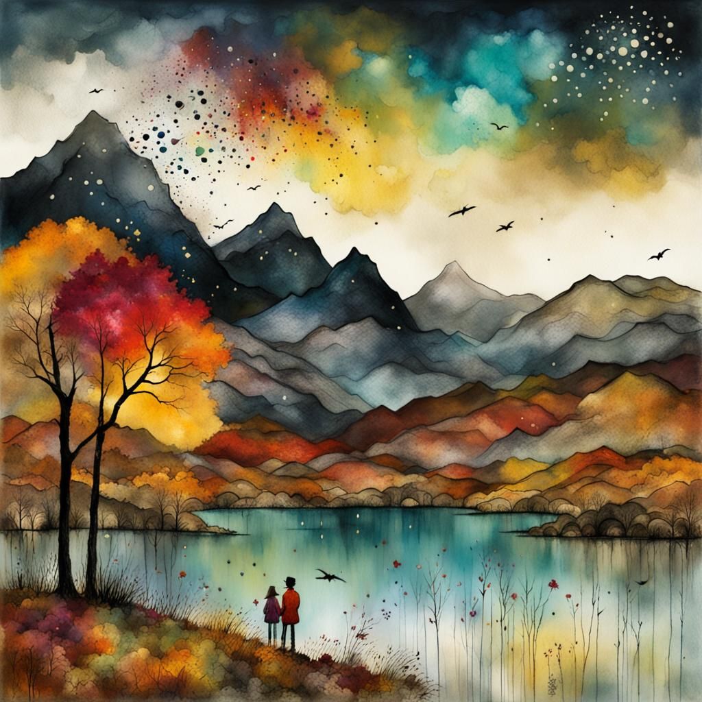 Autumnal Lake Lightning Storm in Whimsical Illustration Styl...
