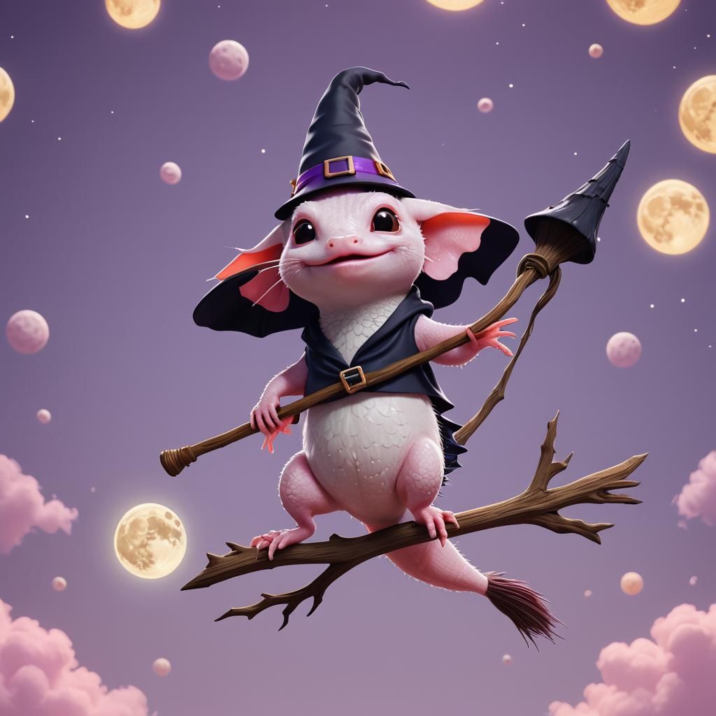 Axolotl Witch Flying to the Moon: 3D Digital Art